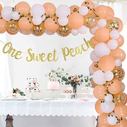 Fangleland Peach Birthday Decorations for Girls, Peach Balloon Arch Garland kit One Sweet Fruit Banner 1st Birthday Party Supplies