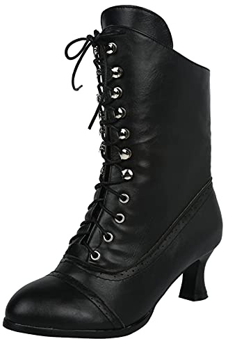 Eogrokerr Steampunk, stivali stile gotico vintage, in pelle, con tacco Louis, con lacci, lunghezza polpaccio, stivali vittoriani, per donne e donne, Nero , 36 EU