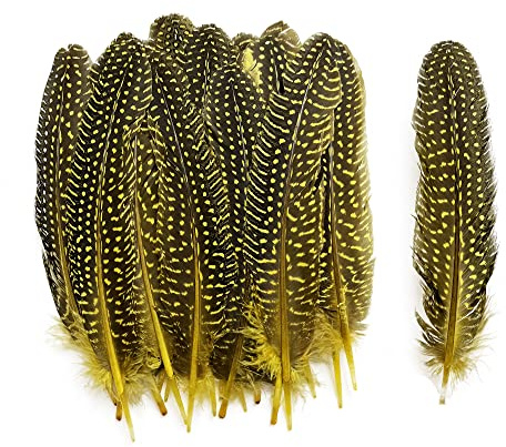 HAPPY FEATHER 6-9 inch Natural Guinea Wing Plumage Feather for DIY Craft, Jewelry and Clothing Decoration Pack of 20-Yellow