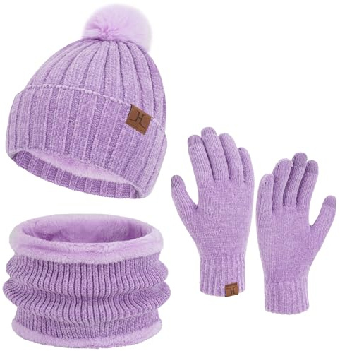 ZASFOU Donna Inverno Berretto Cappelli Sciarpa Touchscreen Guanti Set maglia ciniglia teschio Berretto Caldo pile foderato