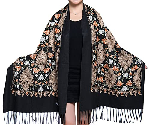 GFM® Broderad kashmirtextur ull pashminasjal - höst-vinter -julklapp (EMBSHL-A), 3-kl-svart, L