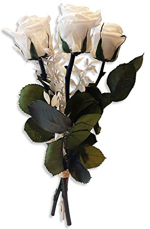 Handgebundener Rosenstrauß mit 3 Rosen und Ruscus - Echte ewige Rosen 3 Jahre haltbar – Rosen mit Stielen Höhe 26 cm - Made in Germany (Weiß)