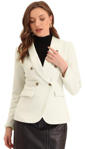 Allegra K Blazer de Tweed a Cuadros Vintage para Mujer con Cuello de Solapa y Doble Pecho para Trabajo y Oficina Beige S
