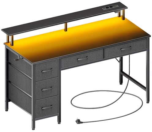 Seventable Computertisch mit Steckdosen & LED-Beleuchtung, 140cm Gaming Schreibtisch mit 5 Schubladen, Gaming Tisch mit Monitorständer, fürs Büro, Arbeitszimmer, Schlafzimmer, Wohnzimmer, Schwarz
