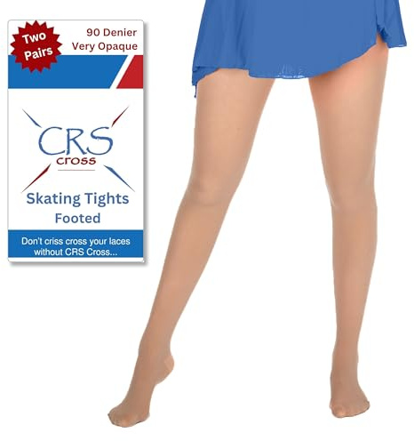 CRS Cross Skating Tights. 2 Pair of Footed Very Opaque Figure Skate Tights. Heavyweight 90 Denier Performance. Figure Skate Competitions, Ice Skating Practice and Dance. (Women Medium Light Tan)