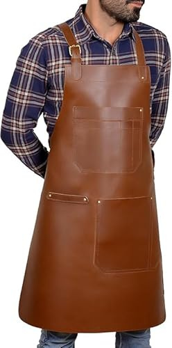 HEAVEN HUSH Leather Apron For Wood Work Welding Butchers BBQ Cook Heavy Duty Multi Pocket Apron For Men and Women Welder Blacksmiths Bartender and Barbeque Chef Gift (Brown)