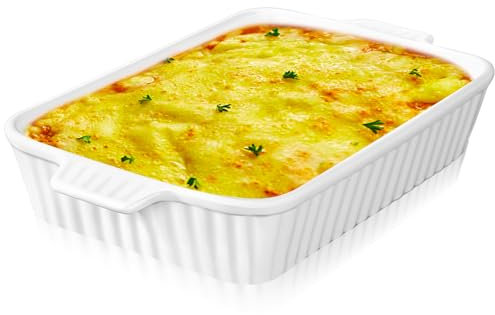 CYEER Fuente grande, 38 x 23 x 8 cm, de cerámica, rectangular, para lasaña, para horno de cerámica con asas para guisos, tiramisú, lasaña (blanco)