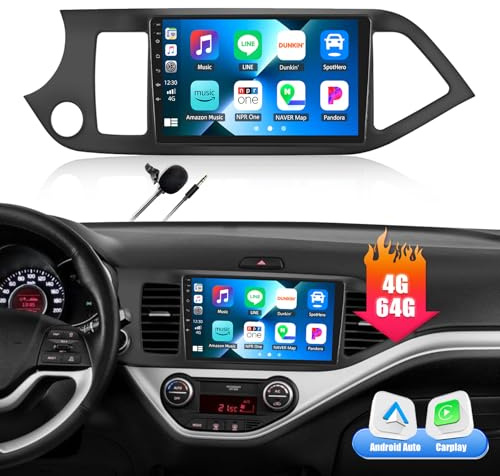 CAMECHO Android 15-baserad bilradio med 4G och 64 GB för Kia Picanto TA 2011–2016 9-tums 2-DIN-skärm med CarPlay Android Auto navigering RDS FM MirrorLink Bluetooth DSP