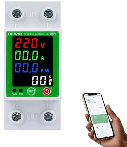 DeWin Compteur d'énergie Intelligent, Compteur électrique WiFi avec Protection Contre Les Surtensions, Protection Contre Les Surintensités, Protection Contre Les fuites 2P 63A AC 230V