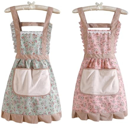 TYFGRT Confezione da 2 Grembiuli Floreali, Grembiuli con Stampa Floreale, Grembiuli per La Pulizia da Donna, Grembiuli con Tasche Grandi, Grembiuli per Barbecue, Grembiuli da Giardino