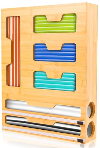 LudoHome 6-in-1 Küchenorganizer aus Bambus mit Frischhalte- und Alufolienschneider, Gefrierbeutel-Dispenser, 43x33x9,6 cm, 4 Fächer für Zip-Beutel, 2 integrierte Schneidemaschinen