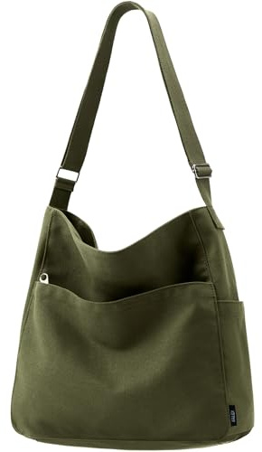 Kalidi Canvas-Tragetasche, groß, Hobo-Umhängetasche, Handtasche, Reißverschluss, Kuriertasche für Damen oder Herren, Freizeit, Uni, Arbeit, Grün (Army Green), Nutzfahrzeug
