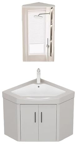 LYXWGRZD Hörnhandfat for badrum, litet hörnbadrumsskåp, keramiskt hörnhandfat med spegelskåp, Hörnväggmonterad handfat, handfat med förvaringsbehållare(White B)