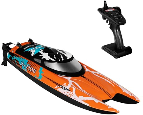 OVERMAX X-TIDE Barca da Corsa RC Comandata da Remoto con Luce a LED 25 km/h Batterie da 1200 mAh 34 Minuti di Divertimento Controllo Velocità Portata Fino a 100 m, Barca Giocattolo Per Piscine e Laghi