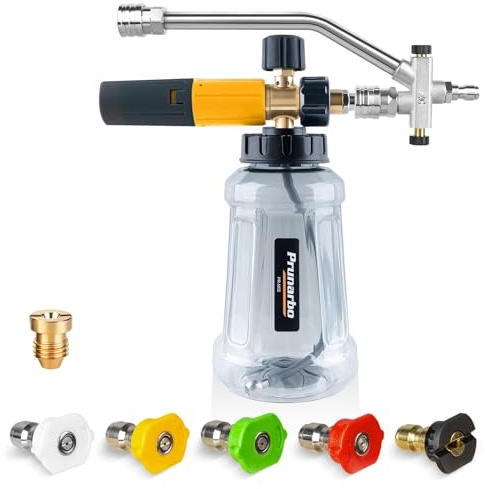 Prunarbo Pressure Washer Foam Cannon with Dual-Connector Accessory, Power Washer Foamer Sprayer with Double Tip Attachment 5 Nozzles 1/4 Quick Connect Additional 1.1mm Orifice Car Detailing