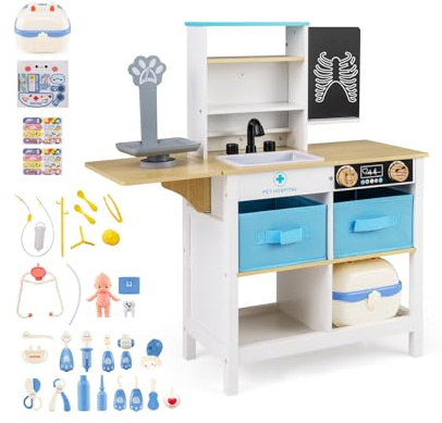 COSTWAY Centro Médico Juguete, Juego de Médicos de Madera con Pizarra, Báscula, Grifo, Lavabo, Mesa Plegable, Cajones, Maletín y Accesorios, Juego de Doctor Montessori para Niños de 3-6 Años (Blanco)
