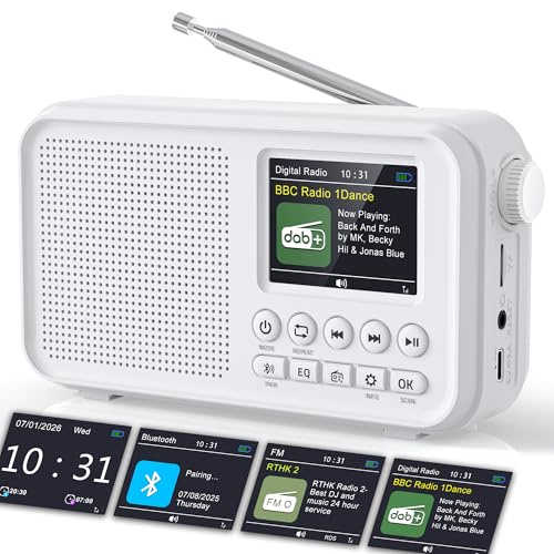 ROCAM Radio Portable Dab/Dab+/FM avec Bluetooth 5.0 & 3000mAh Batterie | 2,4 Écran Couleur Réveil Radio Rechargeable avec Deux Alarmes, 40 Dab/FM Stations Préréglées,12 Langues,TF Carte Emplacement