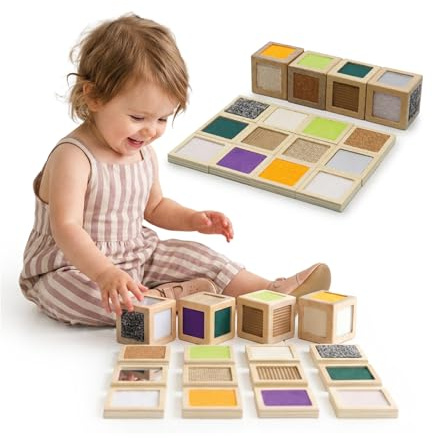 Mamabrum sensoriska trablock Montessori, 4 kuber med 12 texturer och 12 matchningsplattor, taktil pedagogisk traleksak for barn fran 1 ar, naturligt lekset for aktiv lek hemma