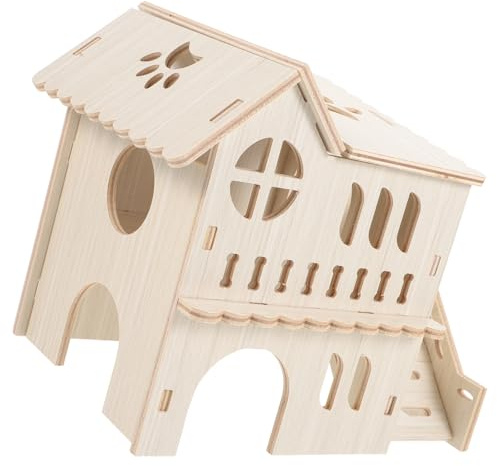 Mikikit Maison Délicate pour Hamster en Bois Beige Double Étage, Cachette Relaxante et Lieu de Sommeil pour Petits Animaux de Compagnie
