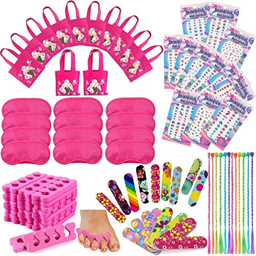 Tacobear 96 Pezzi Spa Bomboniere per Festa Sacchetti Regalo Lima Unghie Adesivi Unghie Unicorno Separatori Dita Piedi Trecce Capelli con Fermaglio Maschera per Dormire Regali Festa per Bambina Ragazza