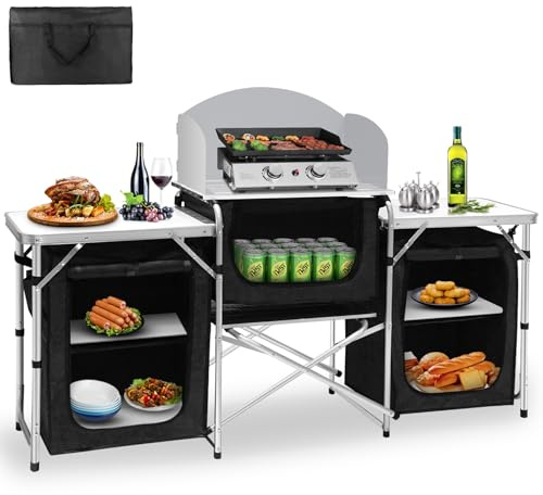 Seeutek Camping Kitchen Table, Aluminum Portable Outdoor Cooking Table Foldable Camp Table with Windscreen and 3 Storage Cupboards Multifunctional for BBQ, Party, Picnics & Outdoor Activities Black