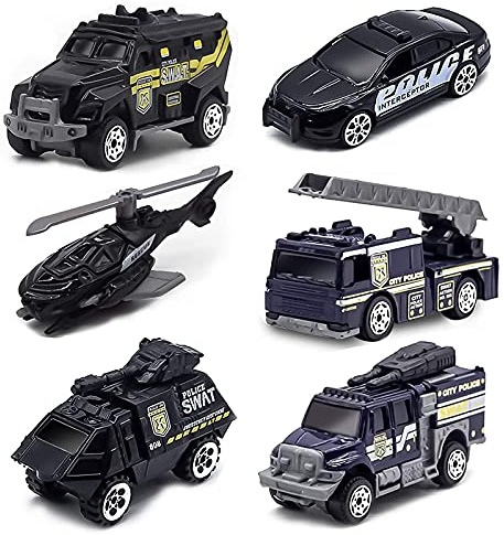 6 Pcs Diecast Police Car Toy Truck Playset, Alloy Metal Police Car Toys for 3 4 5 6 7 8 Year Old Boys, Mini Toy Cars City Rescue Vehicles Birthday Party Gift for Kids Age 3-12 Years