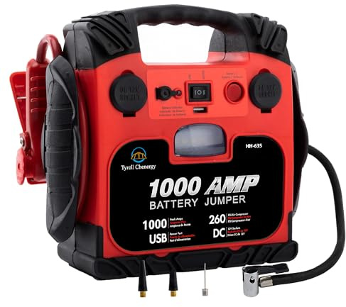 Tyrell Chenergy Car Battery Jump Starter with Air Compressor Portable Tire Inflator,260PSI 1000Amp Battery Booster Jumper Box(Up to 5L Gas or 5L Diesel) Power Station 12V DC Outlet USB Port,LED Light