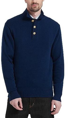Kallspin Hommes Bouton Col Mock Tricot Laine mélangée Pull à Manches Longues moyennement Lourd(Bleu Marin, Large)
