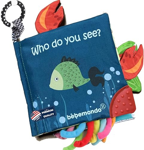 Fish Baby Books, Crinkle Books for Babies,Touch & Feel,Infant Baby Toys 0-3 0-6 6-12 Months, Sensory Mirror Toys,Soft Teether,Teething Toy,Shower Baby Basket Stuffers,Baby Gifts for Boys Girls-Blue