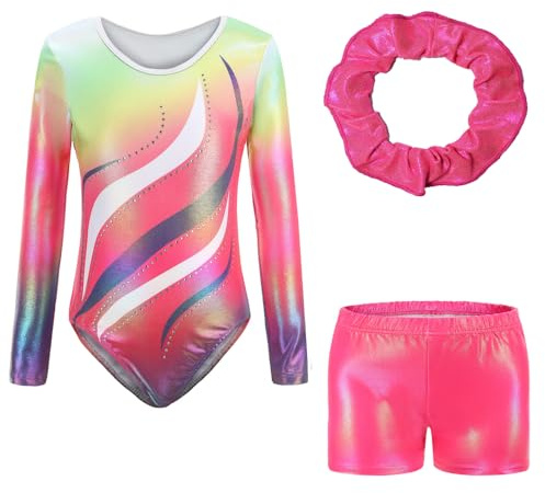 Konstnärlig gymnastik Body för flickor - Flickor Långärmad Ärmlös Gymnastikdräkt med Gradienta Färger Shorts och Pannband, Friidrott Bodysuit för Barn 5–14 år, B118 Regnbåge, TAG 10A(9-10 anni)