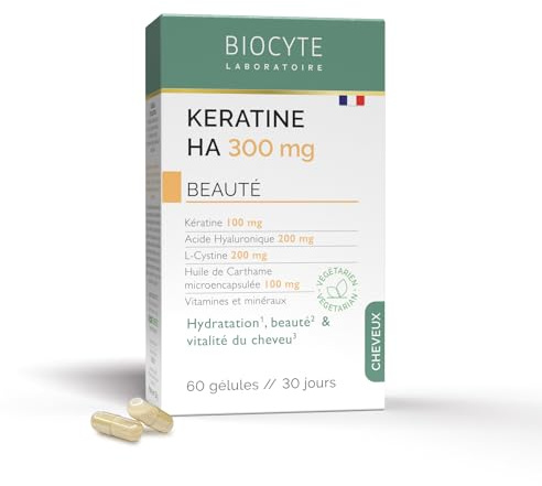 BIOCYTE Keratine HA 300 mg - Complément Alimentaire Hydratation et Vitalité Cheveux - A base de Keratine, Acide Hyaluronique, Huile de Carthame, Vitamines - 60 Gelules - Programme de 30 Jours