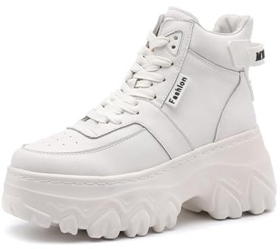 ANUFER Femmes Plateforme Baskets Chunky Montante À Lacets Cheville Bottillons Blanc SD5A1024 EU37.5