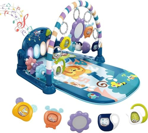 derimkcoa Baby Play Mat Baby Gym,Funny Play Piano Tummy Time Baby Activity Mat with 5 Infant Sensory Baby Toys, Music and Lights Boy & Girl Gifts for Newborn Baby 0 to 3 6 9 12 Months (Blue Tiger)