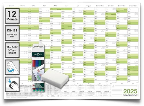 Kalenderoutlet Din B1 Wandkalender 2025 abwischbar XXL Jahresplaner 100x70 cm groß inklusive 4 Marker und Schwamm, feucht korrigierbar. Jahreskalender, Kalender 2025 in deutscher Sprache