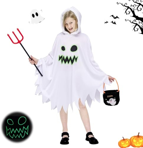 GUBOOM Déguisement d'halloween pour Enfants, Costume de Fantôme d'Halloween avec Cape Blanche, Sac à Main et Fourchette Diable, Costume d'Halloween pour Enfants pour Carnaval, Cosplay (L)