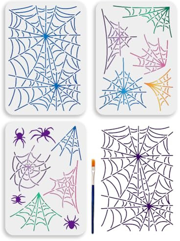 MAYJOYDIY 3Pcs A4 Spider Painting Stencil Spider Web Template 29.7x21cm Halloween Theme Plastic Stencil with Paint Brush Scary Insects Reusable Template for Painting on Wood Home Decor