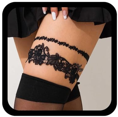 Wendalern Ensemble de jarretelles de mariage pour mariée 3 pièces ceintures de jarretelles en dentelle à fleurs noires jarretelles de jambe en dentelle extensible jarretelles de cuisse à motif Floral