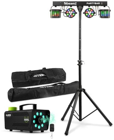 Beamz Max Partybar2 DJ Light Bar Disco Package with Stand, DMX Control, Sound Activation, Fog Machine & Protective Case – Portable Partybar for Events, DJs & Performances