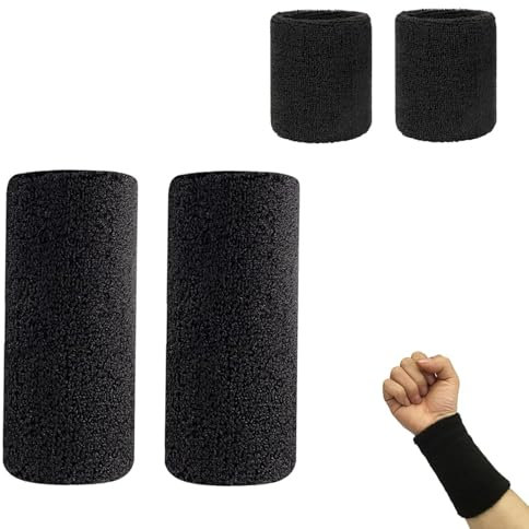 Neoreser 4 Piezas Muñequera Deportiva, Muñequeras Deportivas Sudor Negras, Accesorios de Entrenamiento, Wristbands Pulsera Elástica Suave y Gruesa para Baloncesto, Gimnasio, Gimnasia, Tenis, Fútbol