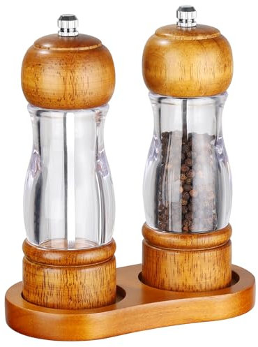 BEZORR Salt and Pepper Grinder Set Adjustable Ceramic Grinders, 6inch Premium Acrylic Salt and Pepper Grinder Set, Wood and Ceramic Pepper Grinder Spice Mill with Adjustable Coarseness