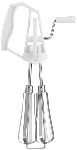 Egg Beater Hand Crank, Stainless Steel Manual Egg Whisk Mixer Handheld Rotary Hand Whip Kitchen Cooking Tool for Whisking Frothing Mixing (White)