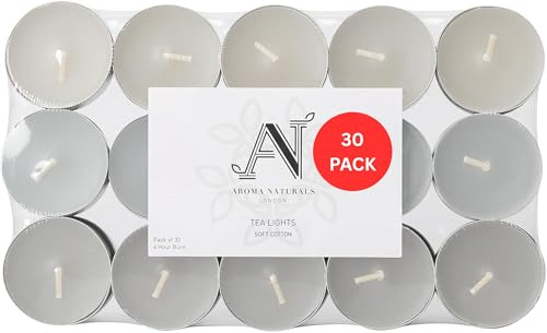 Aroma Naturals London doftande värmeljus ljusväska | 4 timmars brinntid | standardstorlek D3,77 x H 1,45 cm | Trefärgad vax och aluminiumkoppar | Förpackning med 30 värmeljus doft (mjuk bomull)