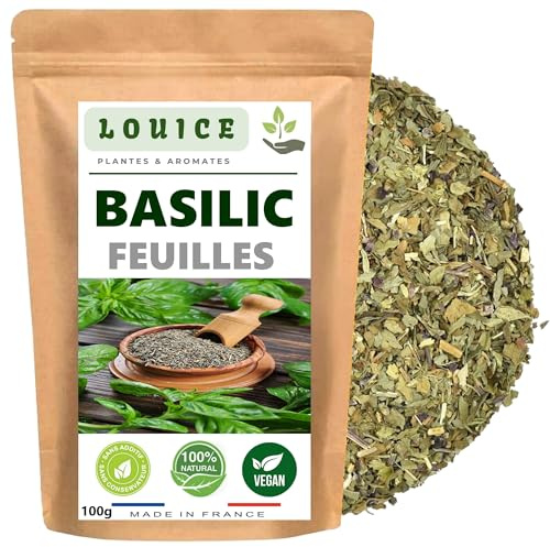 Basilic Feuilles Séchées 100g – Herbe Aromatique Naturelle – Parfait pour Pâtes, Pizzas, Sauces et Plats Méditerranéens – Naturellement Sans Gluten – Sachet Refermable – Marque LOUICE