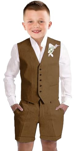 Boys 2 Piece Linen Vest Short Pants Suits Toddler Tuxedo Suit Set for Teen Boys Kids Wedding Summer Brown