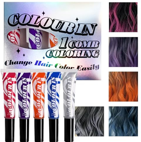 Lot de 5 craies de coloration temporaire pour cheveux - Avec pinceau de couleur pour les cheveux foncés - Coloration même les cheveux noirs - Facile à utiliser - Craie pour cheveux pour femmes