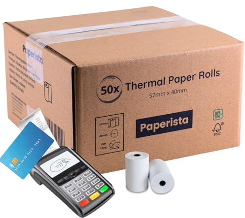 PAPERISTA - Lot de 50 rouleaux TPE 57x40 mm | Rouleau TPE carte bancaire compatible avec les terminaux Ingenico, Verifone, SumUp | Papier thermique CB 18 m | Haute qualité, Éco FSC, sans BPA
