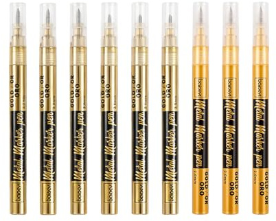 Yolkify 9 Pcs Gold Acrylic Paint Pens - 3 Tip Types Waterproof Gold Pens Metallic Markers for Ceramic, Wood, Paper, Tire, Fabric, Rocks, Glass, Ceramic, Wood, Paper（2.0mm, 2.5-3.5mm, 1.0-1.5mm）