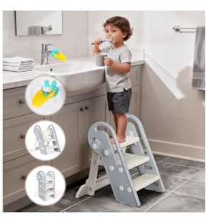 Onasti Taburete Niños Plegable, Escalon Infantil, Escalón Ajustable de 2 a 3 Niveles, Multifunción, Antideslizante, para Baño, Cocina, Inodoro y Lavabo(Gris Blanco)