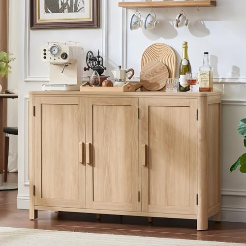 Joaxswe Sideboard Buffet Cabinet with Storage, 46 Arc-Shaped Credenza with 3 Doors & Adjustable Shelves, Mid Century Modern Coffee Bar Cabinet for Kitchen, Living Room, Entryway, Natural