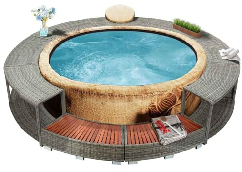 Bordo per vasca idromassaggio grigio polyrattan con vano portaoggetti e telaio in acciaio per esterni, resistente alle intemperie, bordo in legno duro e intreccio